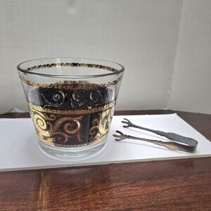 MCM Vintage Culver Ebony Gold Baroque Glass Ice Bucket W/Tongs 4 7/8" Tall EUC.